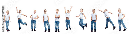 A boy in jeans and a white T-shirt stands, jumps, and walks. Happy childhood, energy and movement. Full height. Isolated on a white background. Collage, set. Panorama format.