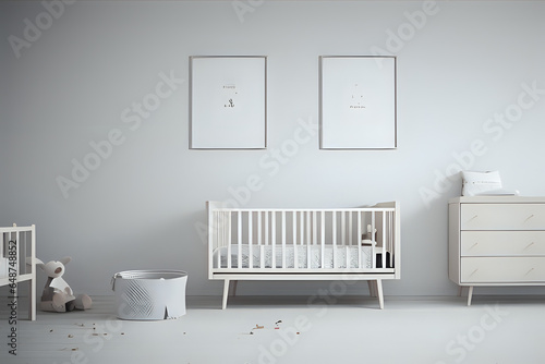 Empty frame mock up in child bedroom, Scandinavian unisex nursery design, 3d render, 3d illustration. Baby bedroom with a crib