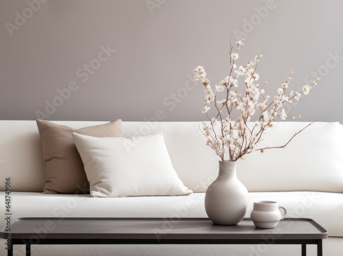 Close up of fabric sofa with white and terra cotta pillows. Country home interior design. Modern living room.