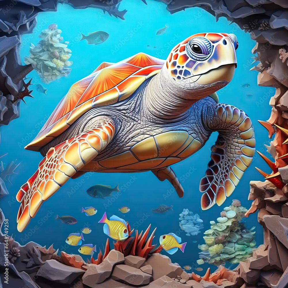 Underwater Serenity: A Sea Turtle’s Journey Amidst Coral and Fish ...