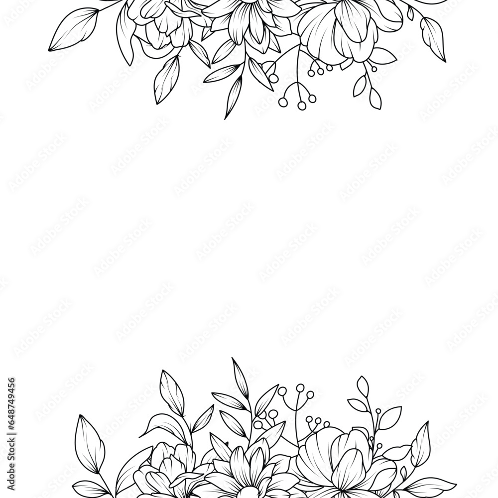 border with flower sketches, hand drawn black and white flowers