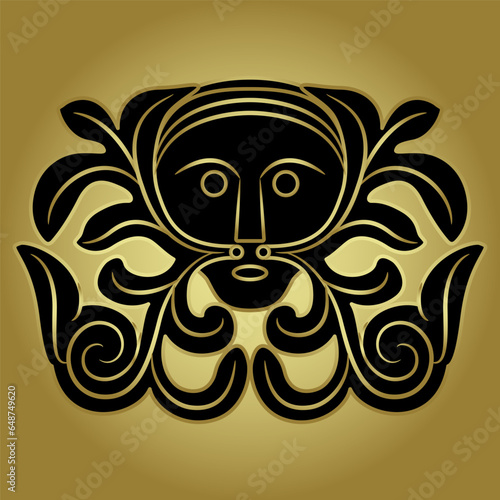 Green man mask. Male sprouted head. Human skull with floral vine beard and mustache. Ethnic medieval design from Germany. Monochrome black and gold silhouette.