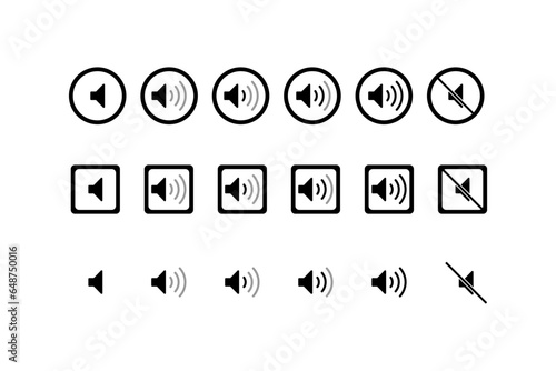 speaker icons set. sound icons set.  sound icons with different signal levels, mute and unmute sound. vector illustration isolated on white background.