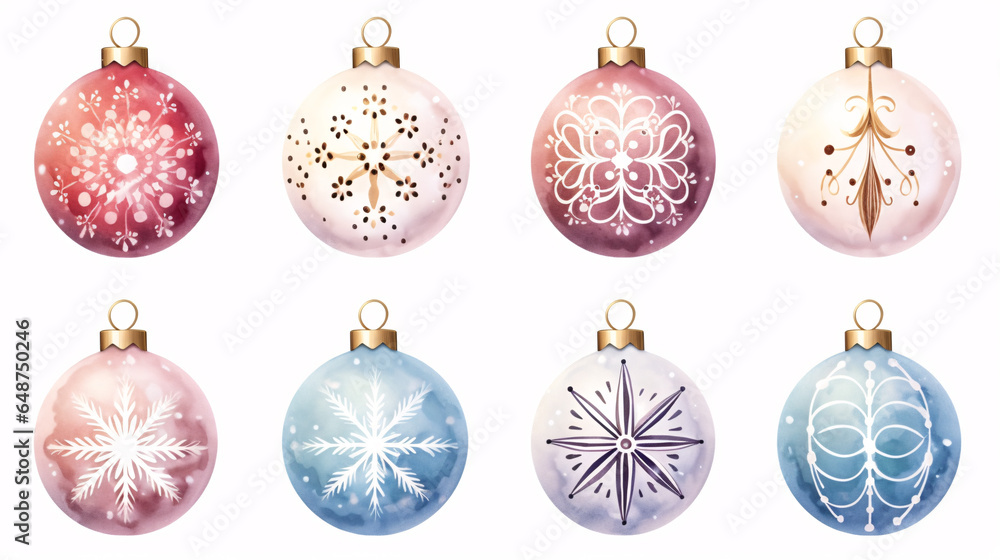 Set of creative Merry Christmas balls for Christmas tree decoration. Watercolor collection. Set of creative Merry Christmas balls for Christmas tree decoration. Watercolor collection.
