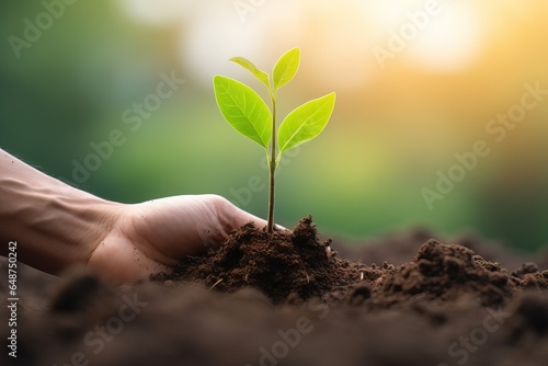 Human hand holding green seedling growing from soil on blurred nature background, Ecology concept.