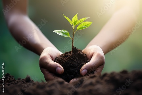 Human Hands holding green seedling growing in soil on blurred nature background, Nurture a better future. 