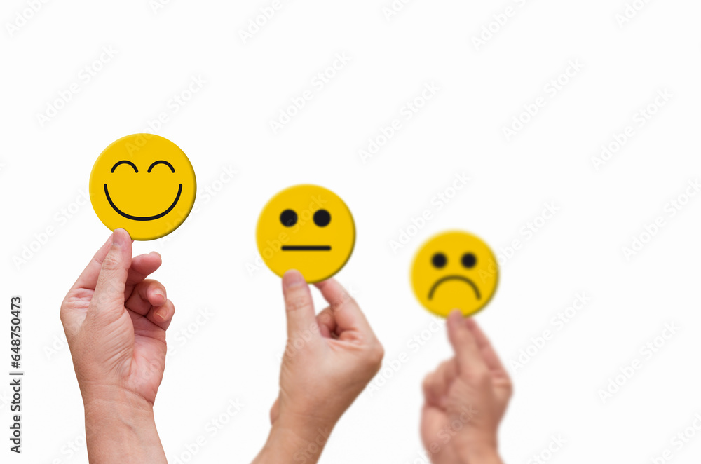 Customer service and business satisfaction survey concept, the  smiling  face emoticon on isolate white background to feedback rating, selective focus.