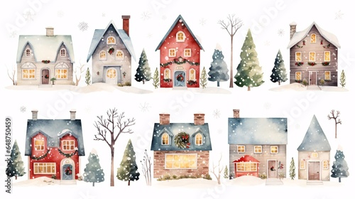 Watercolor set with Christmas houses and green fir trees. Hand painted illustration for greeting floral postcard and invitations isolated on white background.