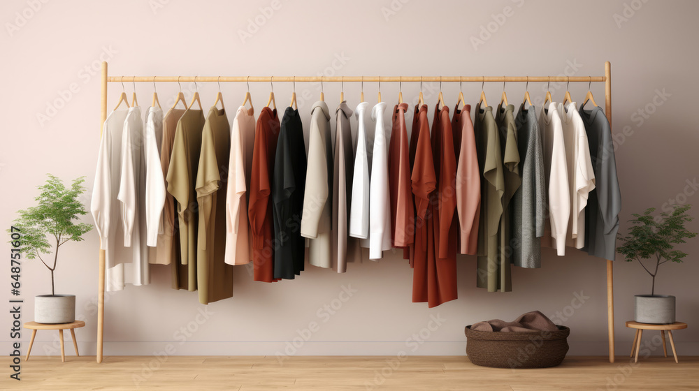 A minimalist wardrobe with a few essential clothing pieces,  neatly organized on hangers