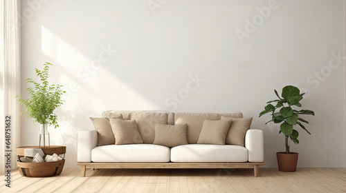 Minimalist Boho interior design home decor of modern living room Rustic, Scandinavian interior style, 3d render.
