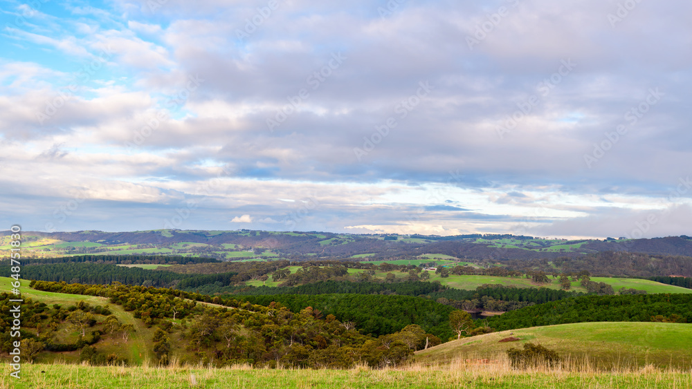 Adelaide Hills green panorama during winter season, South Australia