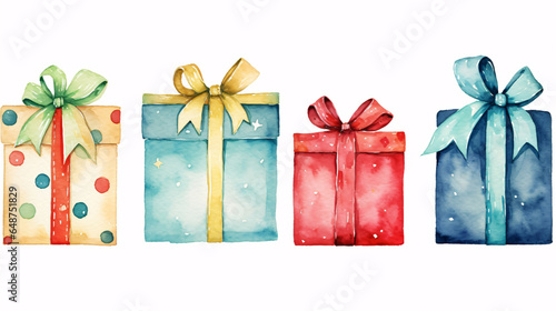 Watercolor multicolor set with many gift present box isolated on white background. Merry Christmas.