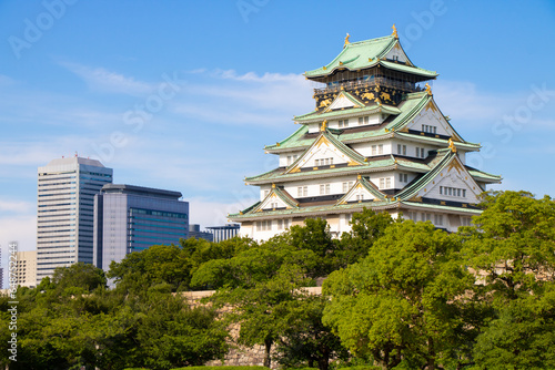 Osaka castle with skyscrapers in Japan
