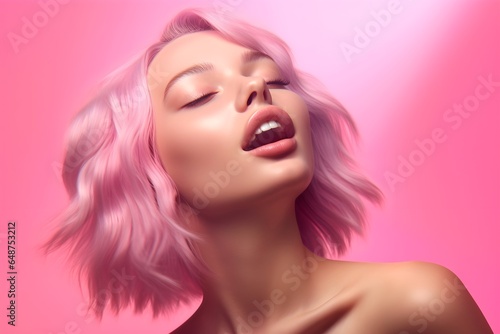 Portrait of attractive cheerful girl isolated over pink pastel color background