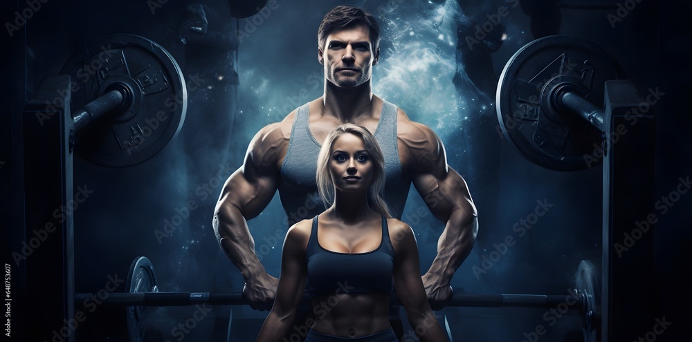 Athletic couple flexing their muscles after working out in a gym