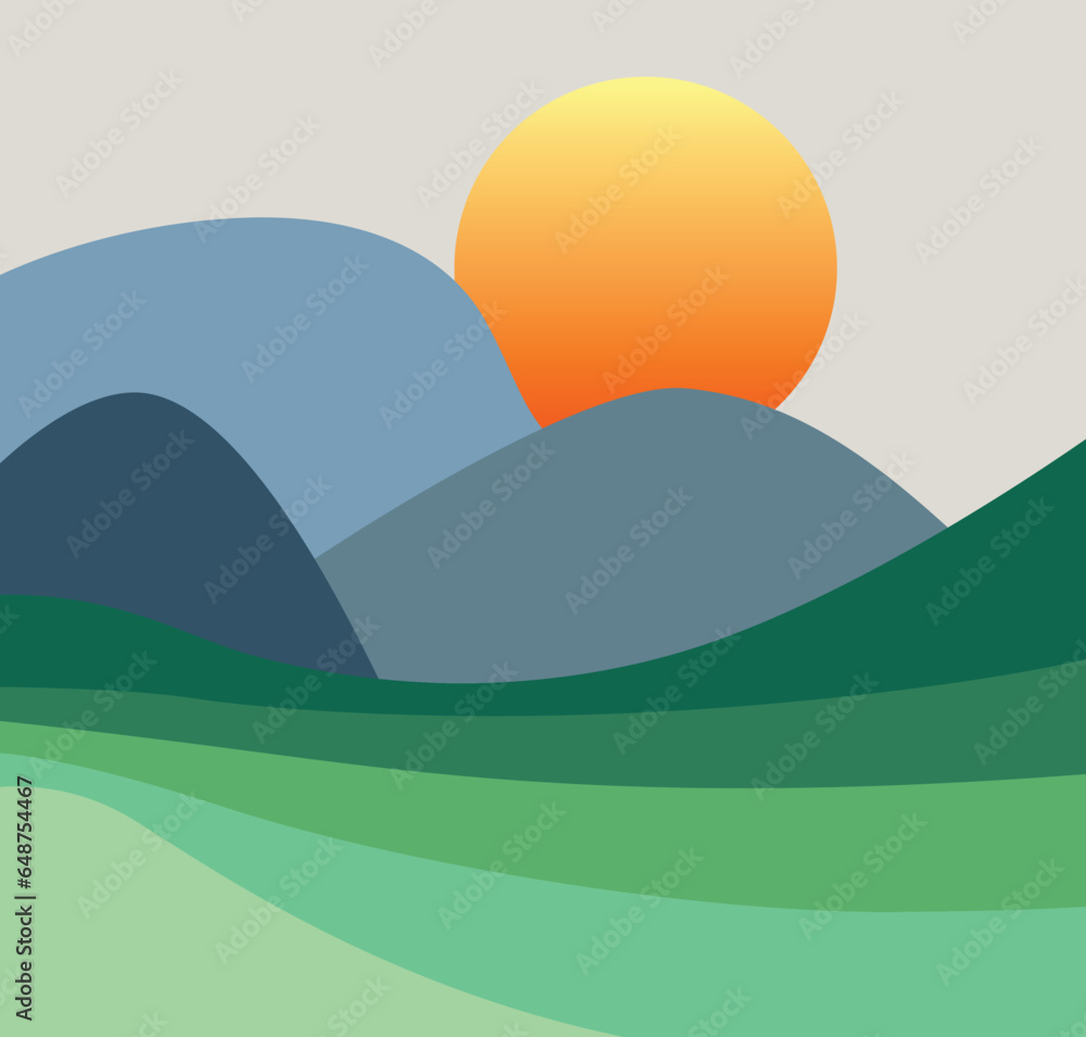 Abstract geometric area sunrise behind the mountain- Modern art green mountain wallpaper. Abstract geometric area sunrise behind the mountain- Modern art green mountain wallpaper.
