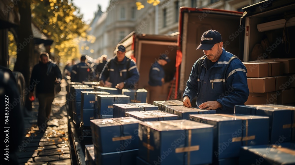 The truck with cardboard boxes, the movers are going to unload the car with mail delivery. Mail delivery service, movies workers The truck with cardboard boxes, the movers are going to unload the car with mail delivery. Mail delivery service, movies workers