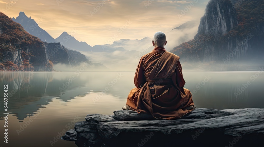 monks in meditation Tibetan monk from behind sitting on a rock near the water among misty mountains - obrazy, fototapety, plakaty 