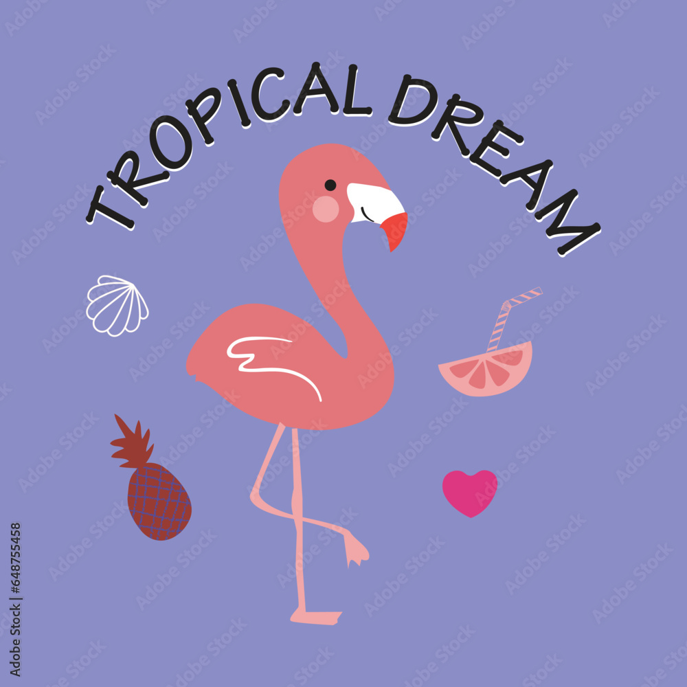 Obraz premium Flamingo art and tropical dream lettering vector design