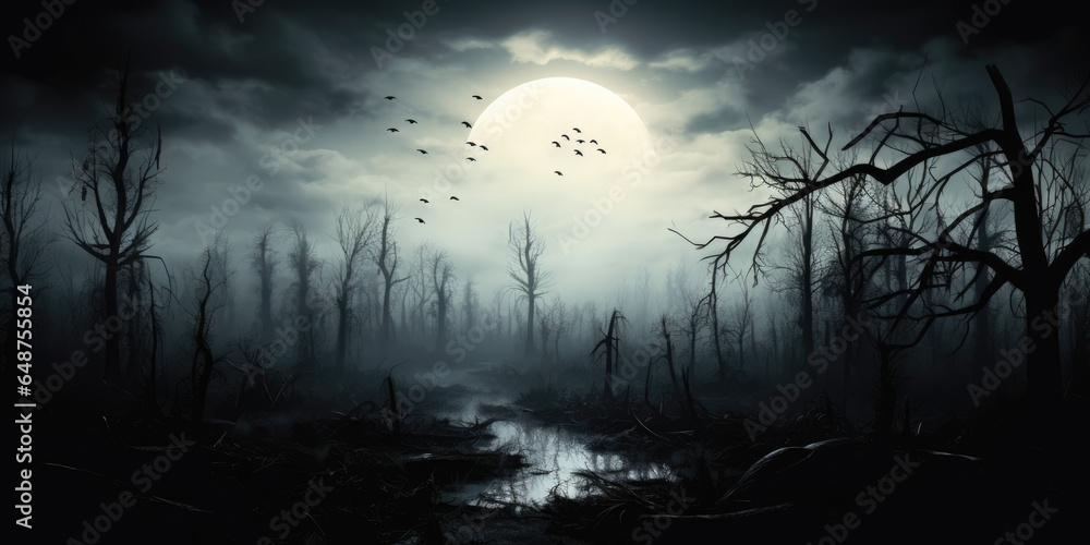 Dark night, spooky forest, full moon, generative ai Dark night, spooky forest, full moon, generative ai