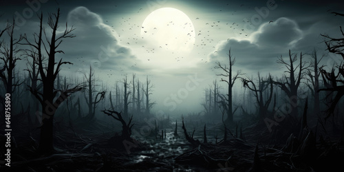 Dark night, spooky forest, full moon, generative ai © VertigoAI