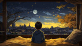 ベッドに座って窓から秋の満月を眺めている少年の後ろ姿
