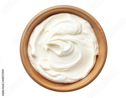 Wooden bowl with sour cream isolated on transparent background, top view