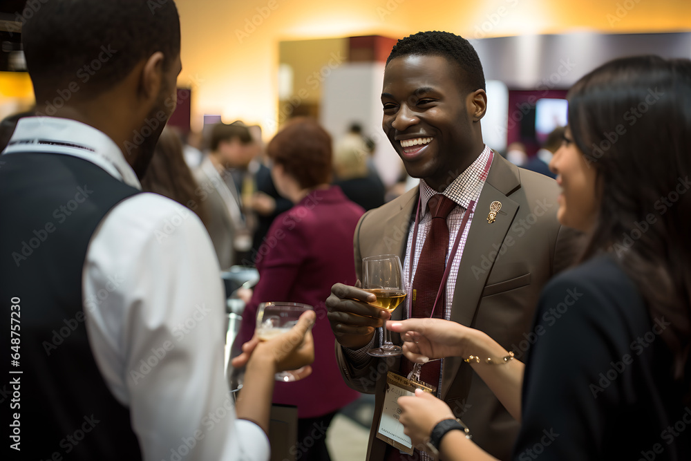 A group of business executives networking and socializing at a networking event, cheering with glasses of wine. Business professionals communicating at convention center