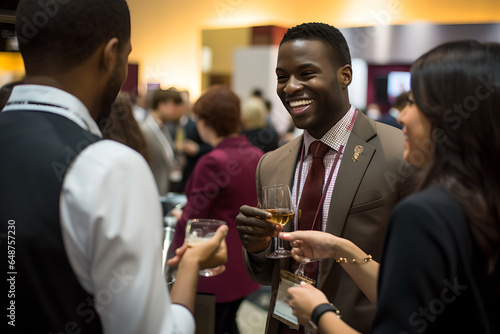 A group of business executives networking and socializing at a networking event, cheering with glasses of wine. Business professionals communicating at convention center