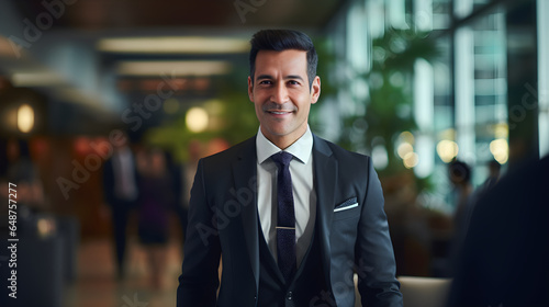 portrait of a businessman, charismatic Asian Indian boss in a well fitted suit, his colleagues in blurred camaraderie behind him, epitomizing profession 
