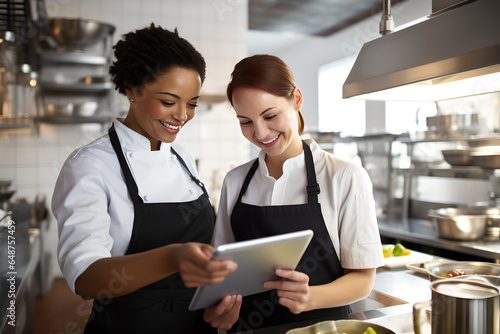 Two female waiters working at a restaurant and looking at the menu on a tablet, restaurant worker using a digital tablet while working