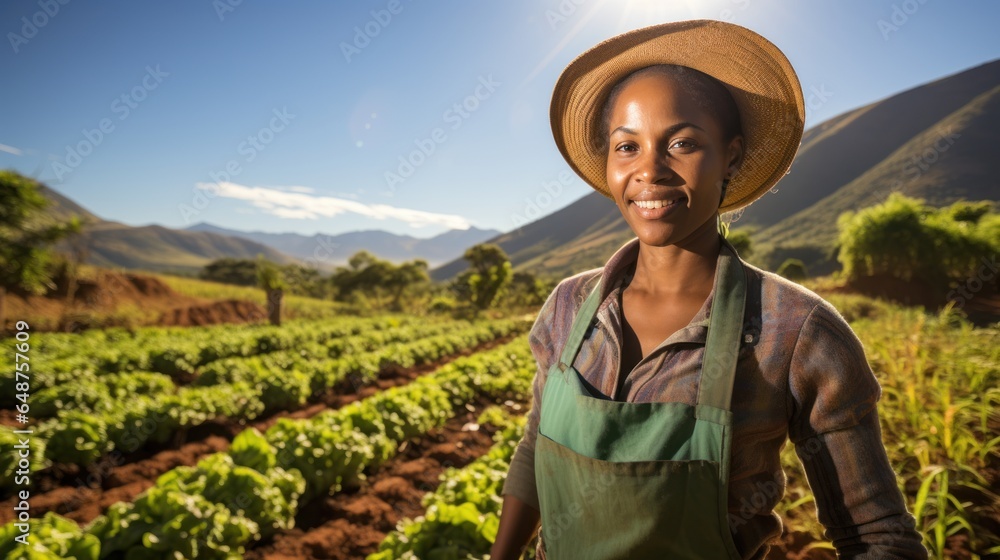 Photograph of an African female farmer standing in a farm and farming on a sunny day.