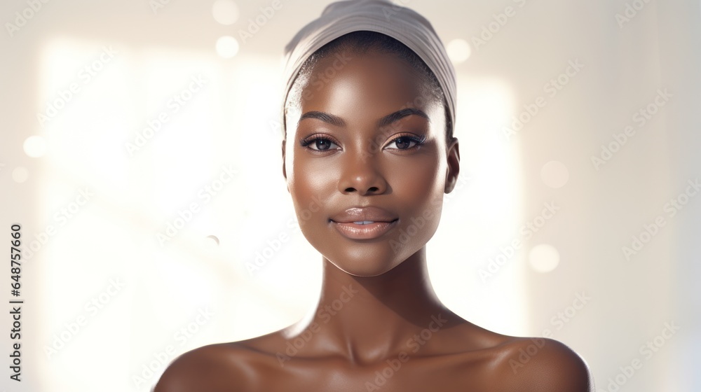 Photo of black skin, beautiful woman, healthy, happy smile, clean skin - obrazy, fototapety, plakaty 