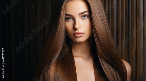 Foto Photo of a beautiful young model with long shiny brown hair