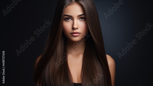 A beautiful young model with long shiny brown hair. Keratin straightening. Treatment. Care. Smooth hairstyle.