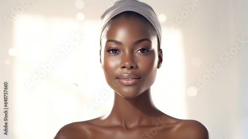 Photo of black skin, beautiful woman, healthy, happy smile, clean skin