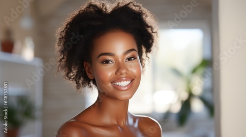 Photo of black skin, beautiful woman, healthy, happy smile, clean skin