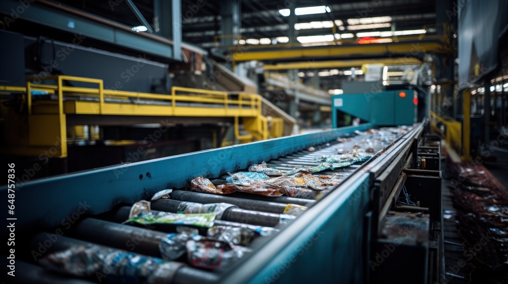 Conveyor belt with recycled plastics in the factory waste management concept Conveyor belt with recycled plastics in the factory waste management concept