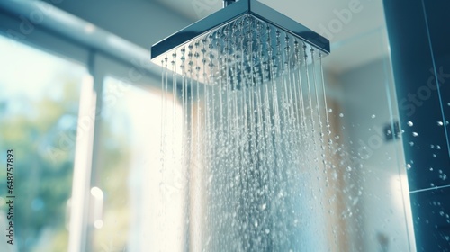 a fresh shower behind a wet glass window with water drops splashing from the shower head and faucet in a modern bathroom.