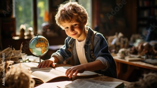 Children go back to school. Children study and learn in preschool. Primary school child doing homework Bedroom with desk, books, and globe for young children Children learning to read and write photo
