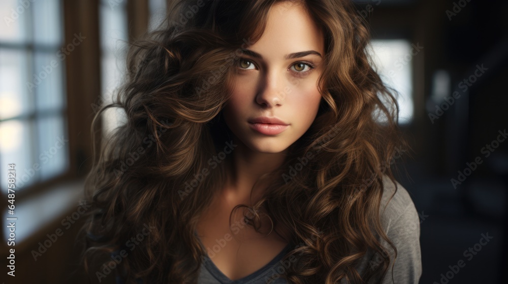 Young woman with beautiful brown hair and long wavy hair Young woman with beautiful brown hair and long wavy hair
