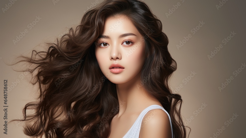 Naklejka premium Beautiful Asian woman with long curly hair, Korean makeup, touching face, and perfect skin on an isolated beige background. Facial treatment beauty enhancement plastic surgery