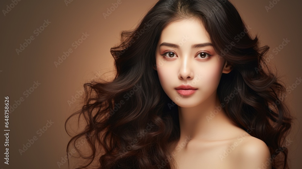 Fototapeta premium Beautiful Asian woman with long curly hair, Korean makeup, touching face, and perfect skin on an isolated beige background. Facial treatment beauty enhancement plastic surgery