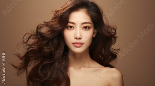 Asian woman with long curly hair, Korean makeup, touching face, and perfect skin on an isolated beige background. Facial treatment beauty enhancement plastic surgery