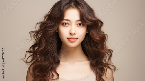 Beautiful Asian woman with long curly hair, Korean makeup, touching face, and perfect skin on an isolated beige background. Facial treatment beauty enhancement plastic surgery