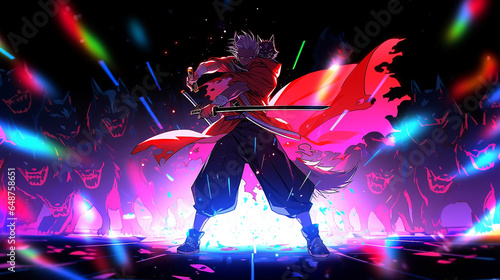 epic fight between anime men, eyes glowing with neon colors carrying swords, psychedelic background photo