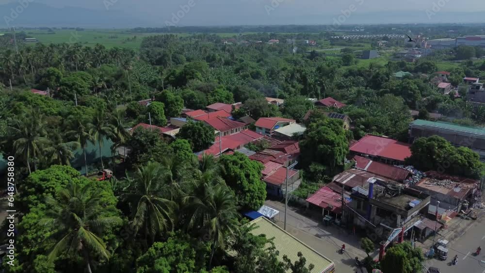 Rows of establishments and residential houses along the provincial four-lane highway in the forested agricultural town. Tracking drone aerial shot. Rows of establishments and residential houses along the provincial four-lane highway in the forested agricultural town. Tracking drone aerial shot.