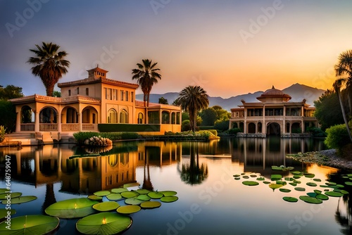 an image that captures the serenity of a desert evening, with a desert mansion overlooking a peaceful oasis filled with lotus flowers and water lilies