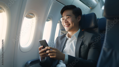 Portrait young asian businessman with suit sitting in business first class seat inside airplane near the window and smiling looking at his smartphone © AspctStyle