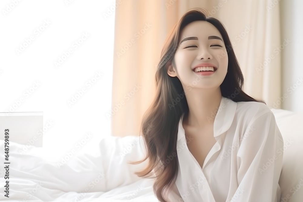 Portrait of young Asian woman wake up in the morning, smiling pretty woman wakes up in her bed, feeling happy and fresh Portrait of young Asian woman wake up in the morning, smiling pretty woman wakes up in her bed, feeling happy and fresh